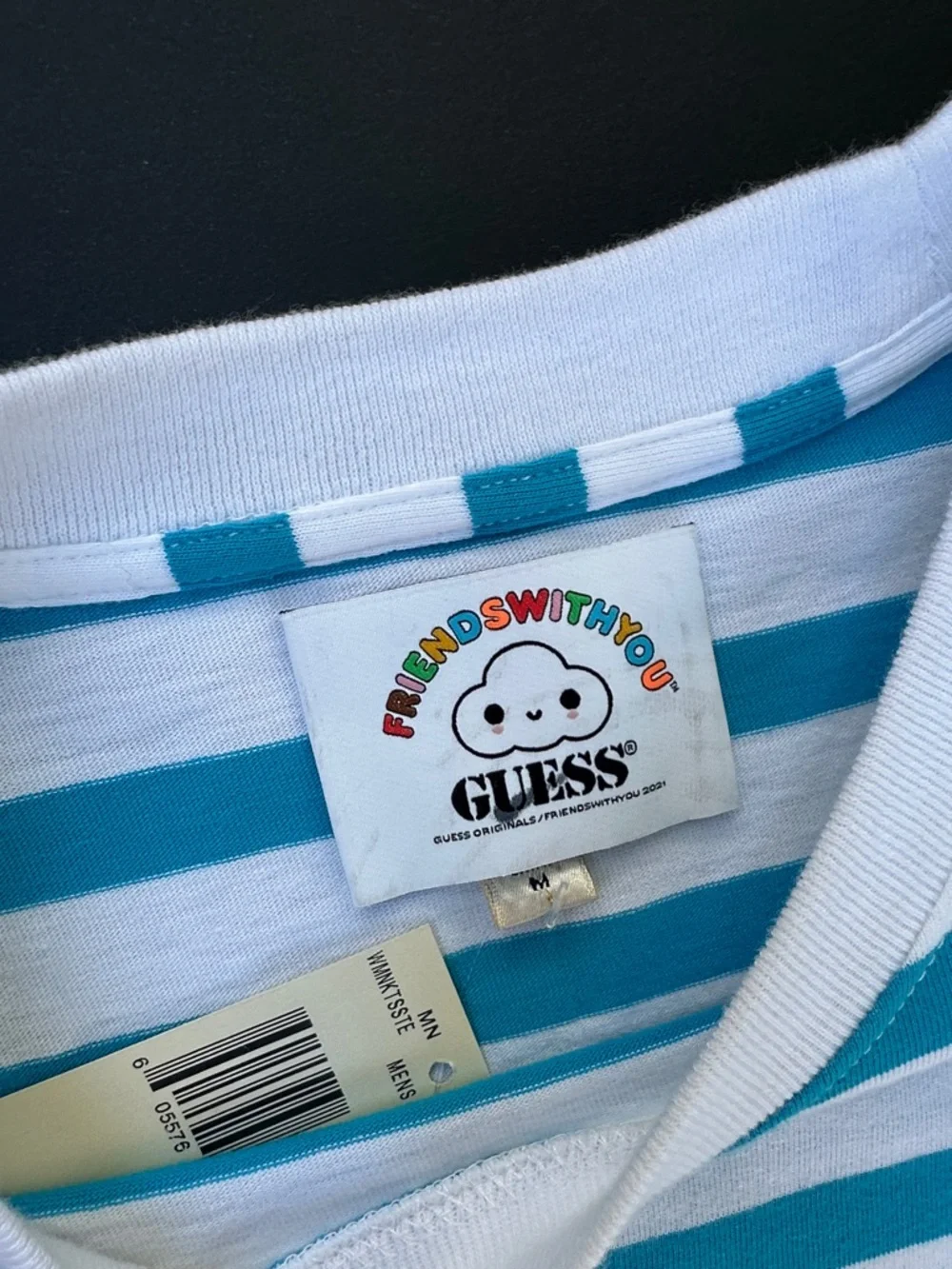 New Guess Blue & White Striped Short Sleeve Tee - Picture 2 of 5